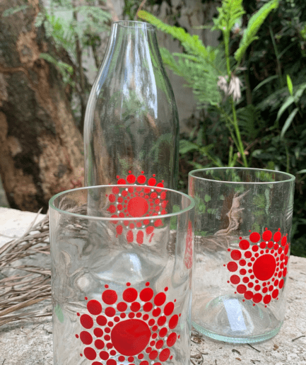 Clear glass red and white vase and tumbler set